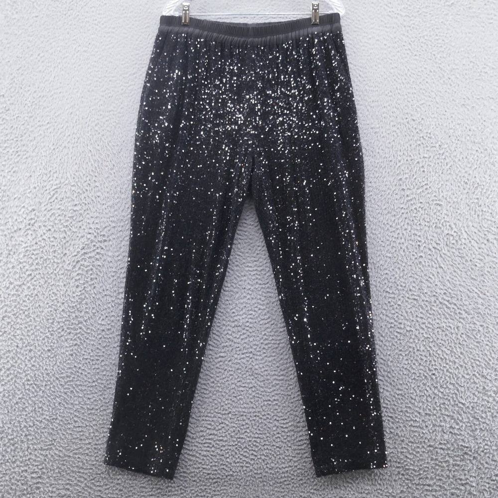 Ramy Brook Black Sequin Jogger Pants Women Large Elastic Waist Tapered Evening